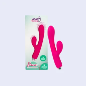 Vibrador tipo conejo Dona Fucsia con diseño curvado y función de calor
