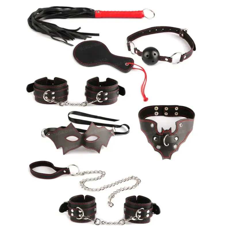 Set BDSM 7 Piezas Fetiche Mania - Cuero Sintético Negro/Rojo