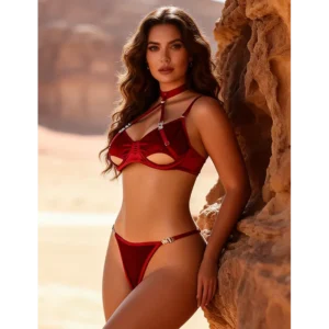 Conjunto Lencería Roja Terciopelo con Aros y Copas Abiertas